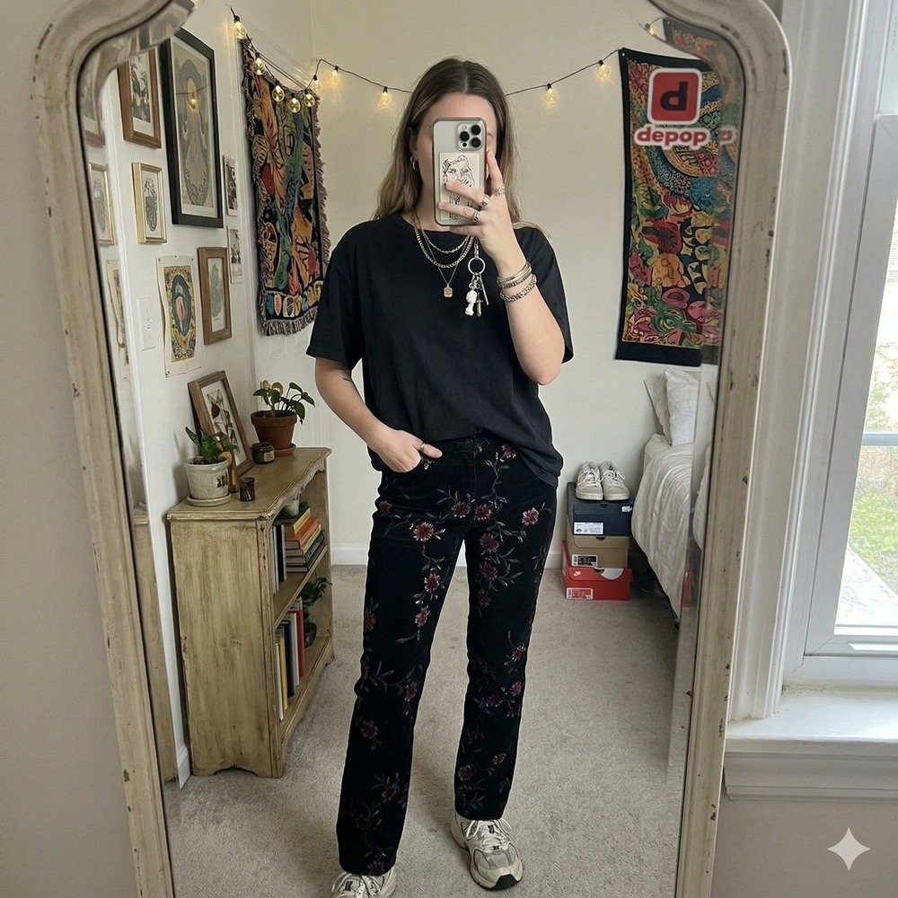 Cache Women's Medium Floral Velvet Pants Black Straight‎ Leg Vintage Y2K